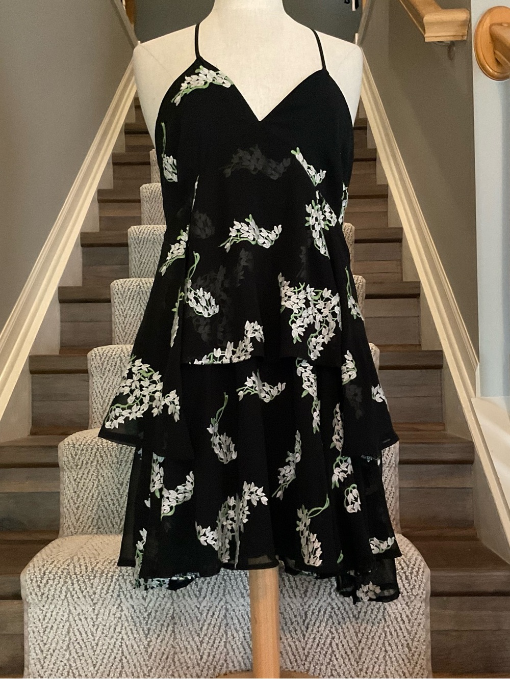 Black Floral Embroidered Tiered Spaghetti-Strap Dress